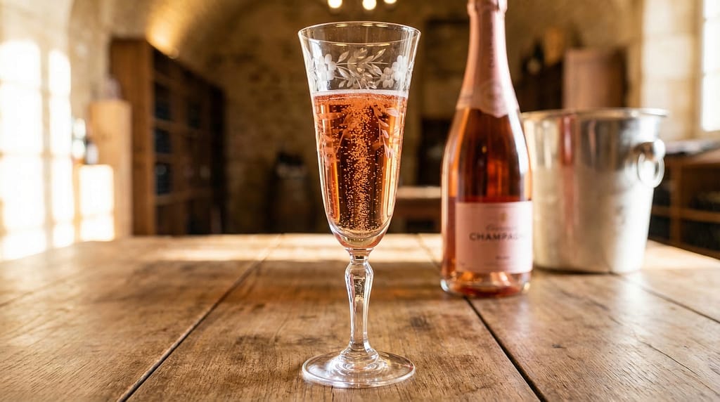 Decisivi Champagne Laurent-Perrier: storia, stile e segreti di una Maison iconica un calice con ricco perlage di champagne rosé