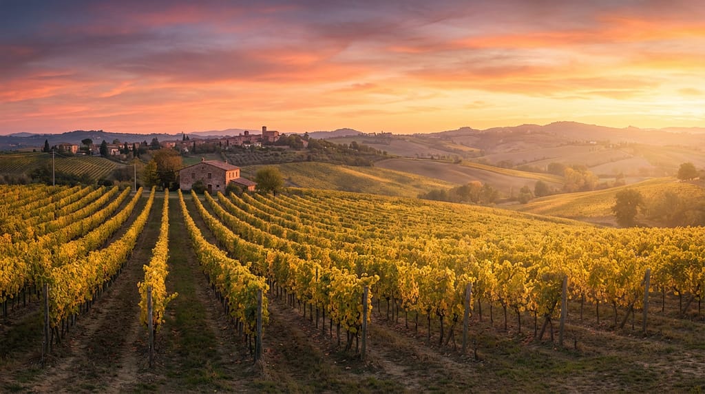 I 7 Segreti Straordinari dell'Albana di Romagna: Il Vino Bianco Leggendario 1 Vigneti di Albana in Romagna al tramonto con filari ordinati che si estendono su dolci colline