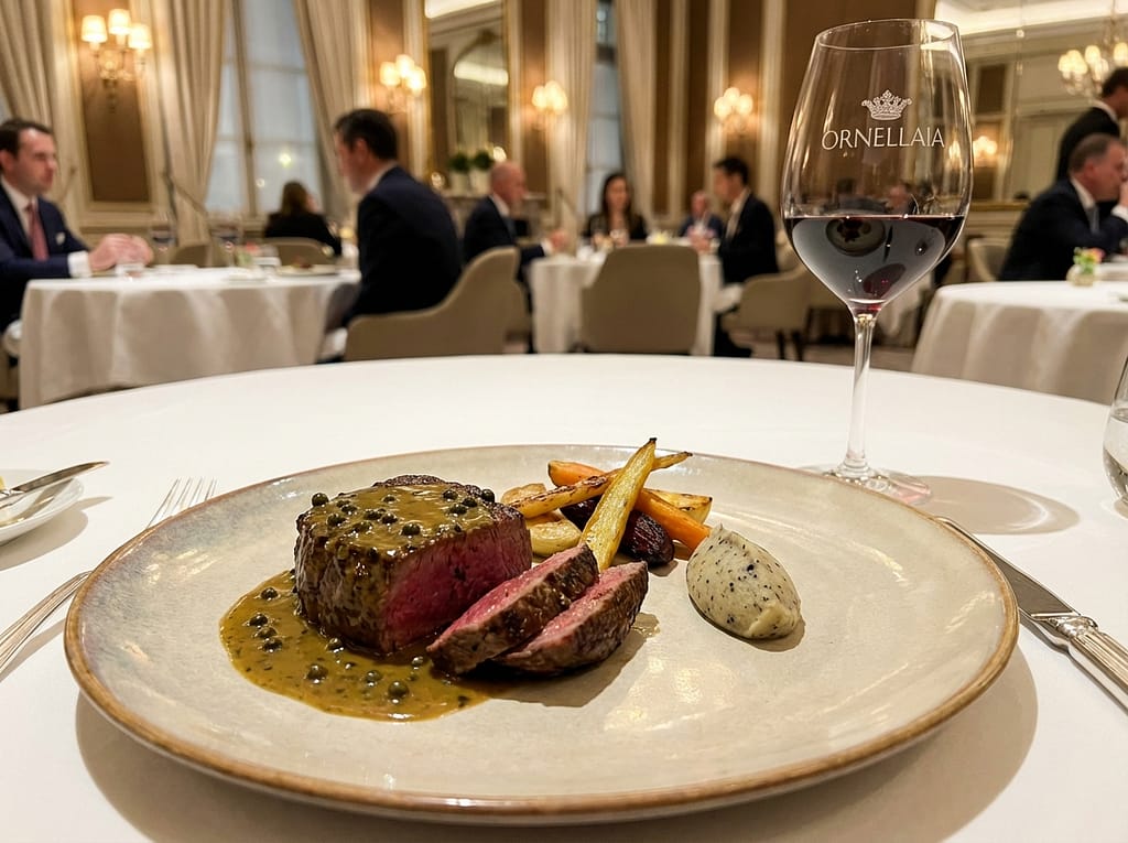 Ornellaia: L'Essenza del Bolgheri Superiore DOC e un Icona Vitivinicola 1 Gourmet dish of Chianina beef fillet with green pepper sauce, served on an elegant plate, paired with a glass of red wine (like Ornellaia), fine dining background.