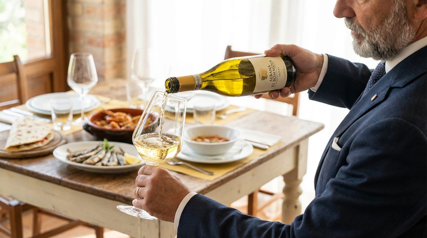 Storia Del Vino 61 sommelier esperto che versa Albana di Romagna Secco in un calice di cristallo
