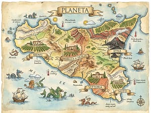 Home 13 Mappa stilizzata della Sicilia con le tenute Planeta evidenziate: Menfi, Sambuca di Sicilia, Vittoria, Noto, Etna. Geologia e microclimi visibili.