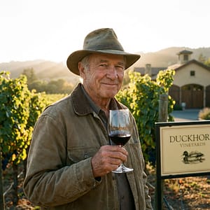 Home 13 Portrait of Dan Duckhorn in a vineyard, with rolling hills of Napa Valley in the background. He is holding a glass of Merlot, smiling knowingly. Soft golden hour ligh